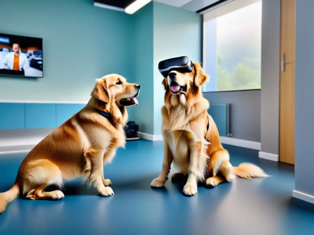 Rehabilitación canina con realidad virtual en clínica veterinaria Un golden retriever con auriculares de realidad virtual en una sesión de rehabilitación en clínica veterinaria