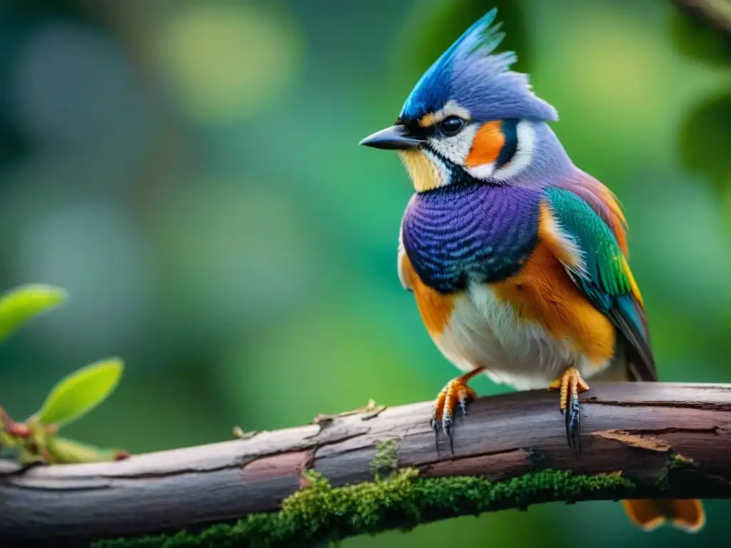Imagen detallada de ave colorida en rama, expresando ansiedad y aislamiento en exuberante bosque Un ave colorida muestra signos de ansiedad por separación en un entorno selvático