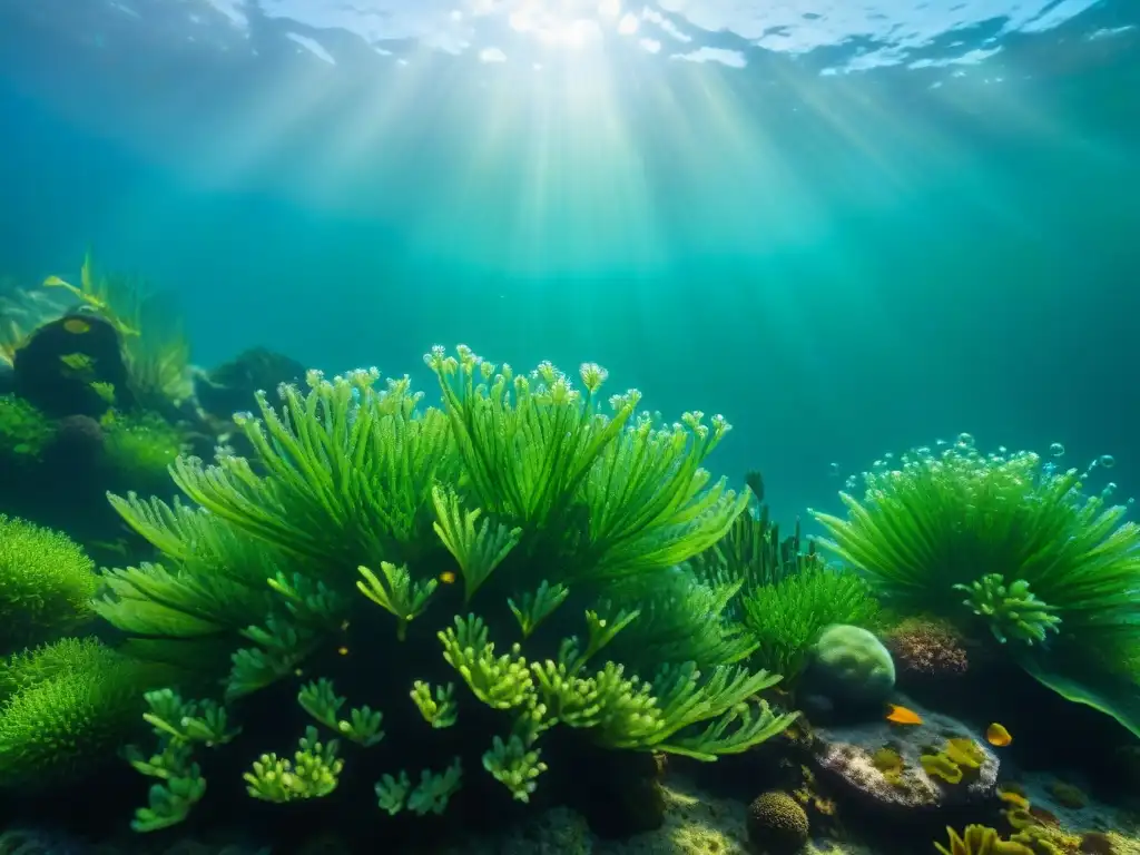 Beneficios de las plantas acuáticas en el acuario: un cautivador paisaje de plantas verdes vibrantes con burbujas y juegos de luz