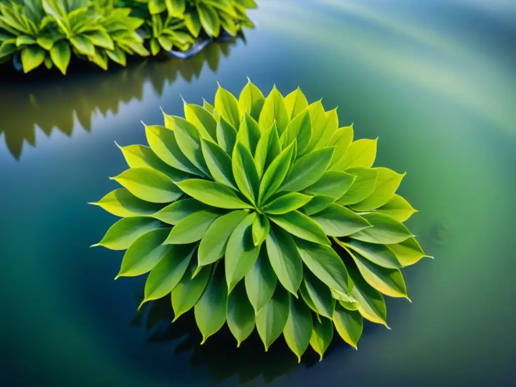 Beneficios plantas acuáticas acuario: Detalle vibrante de plantas verdes en agua cristalina, creando un baile de sombras y luces