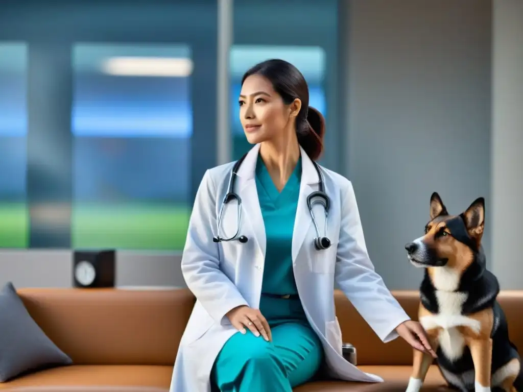 Veterinario experto promoviendo seguro de mascotas Veterinario explica beneficios del Seguro mascotas plan anual vs por vida a dueño preocupado en clínica moderna y luminosa