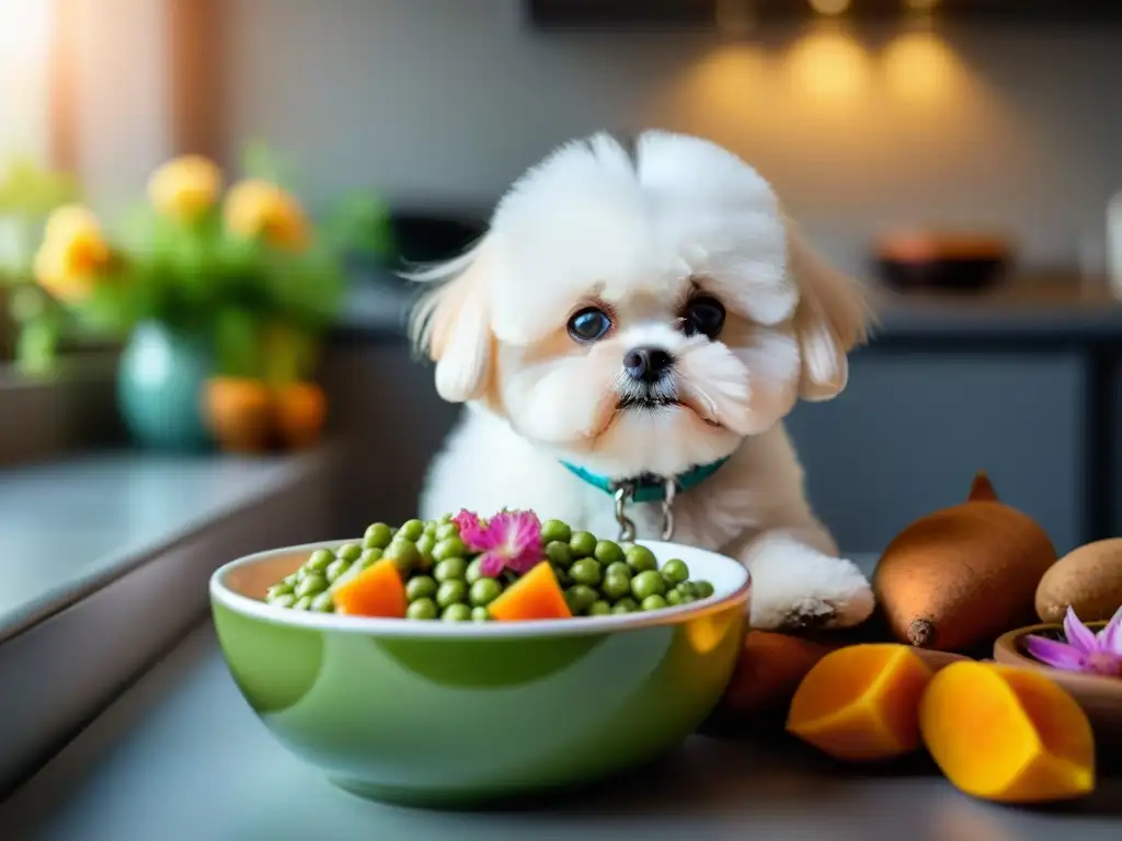 Delicada escena gourmet: Bichón Frisé disfrutando de exquisita comida en elegante bowl de cerámica Un Bichón Frisé disfruta de alimentos gourmet en un cuenco cerámico, en una cocina elegante y acogedora