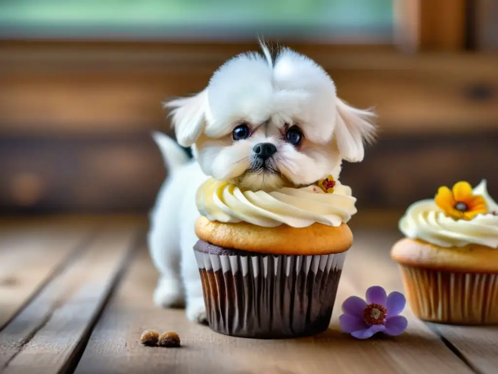 Delicado Bichon Frise disfrutando de mini cupcake gourmet para perros Un Bichon Frise disfruta de un cupcake gourmet para razas pequeñas en un ambiente cálido y acogedor