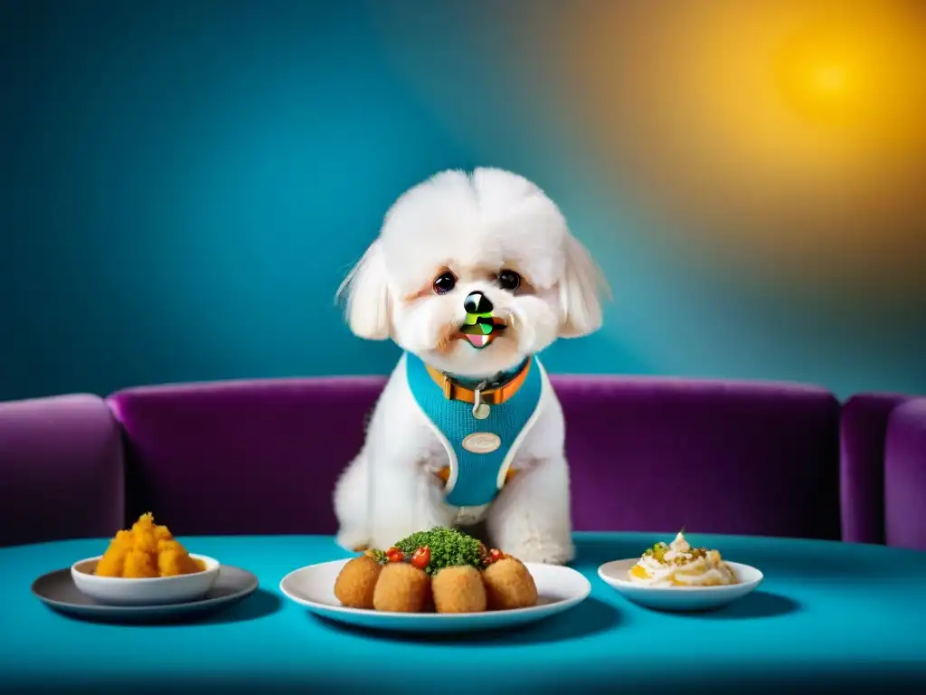 Exquisita cena gourmet para Bichon Frise: lujo y salud Un Bichón Frisé disfrutando de alimentos gourmet para razas pequeñas en un entorno lujoso y saludable