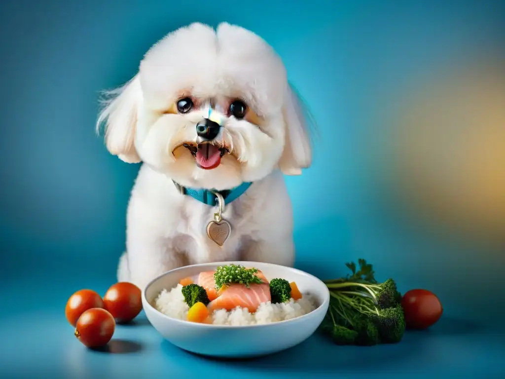 Exquisita cena gourmet para Bichon Frise: deleite y elegancia Un Bichon Frise disfrutando de alimentos gourmet para razas pequeñas en un elegante entorno de comedor