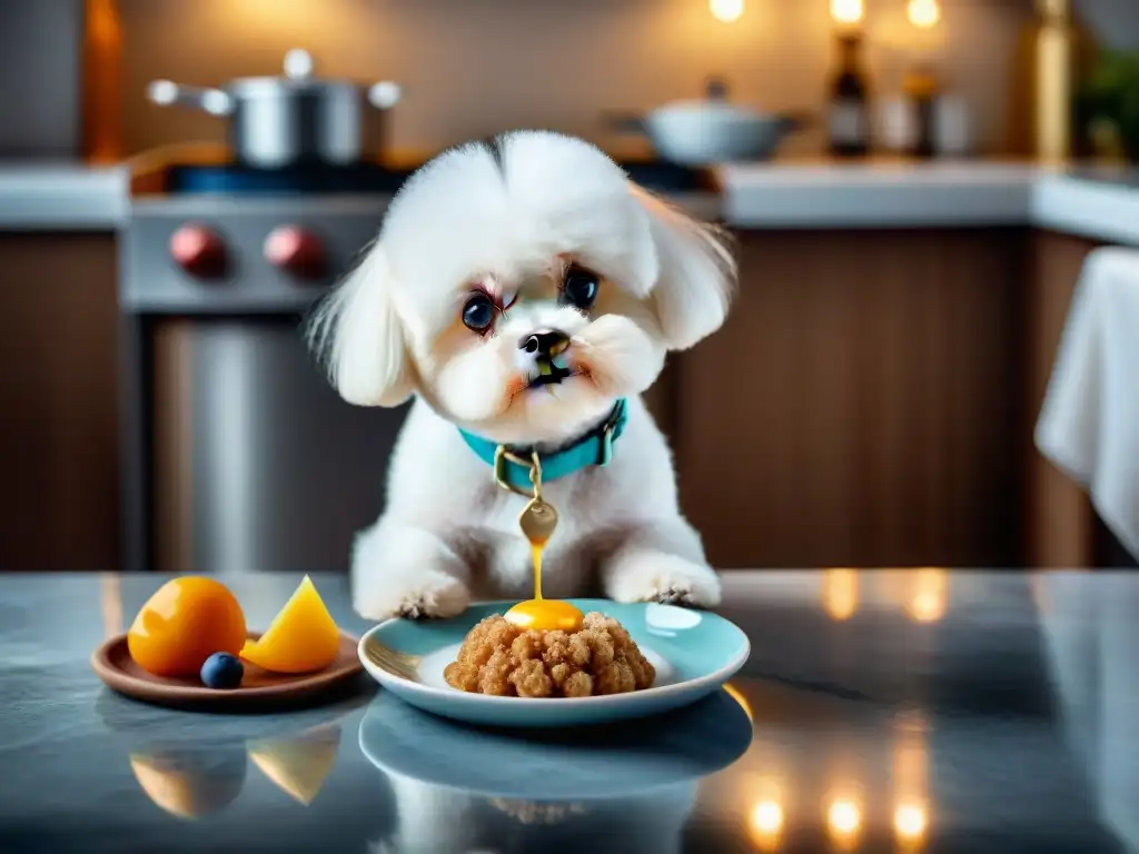 Delicada degustación gourmet para perros Bichon Frise Un Bichón Frisé saborea alimentos gourmet para razas pequeñas en un elegante plato