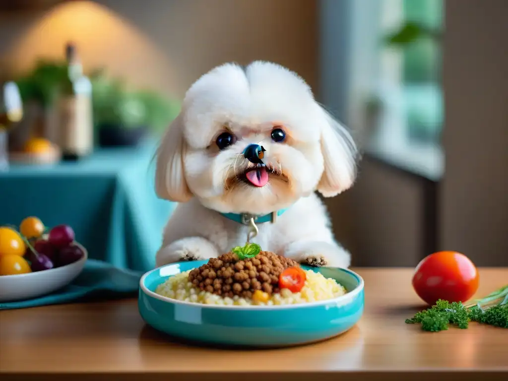 Delicada elegancia: Bichon Frise disfrutando de una comida gourmet Un Bichón Frisé disfruta una comida gourmet en elegante mesa