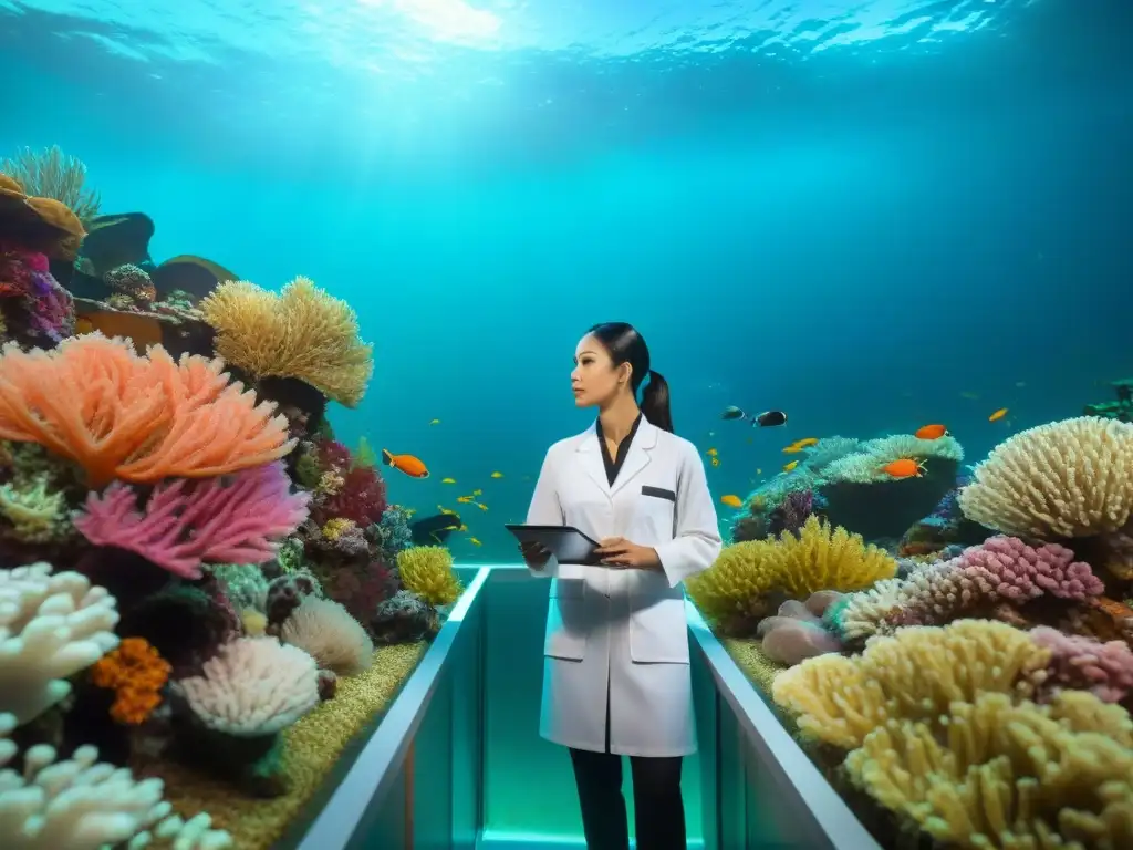Exploración detallada de un ecosistema marino vibrante y diverso Un biólogo marino examina un acuario de agua salada, resaltando el cuidado necesario