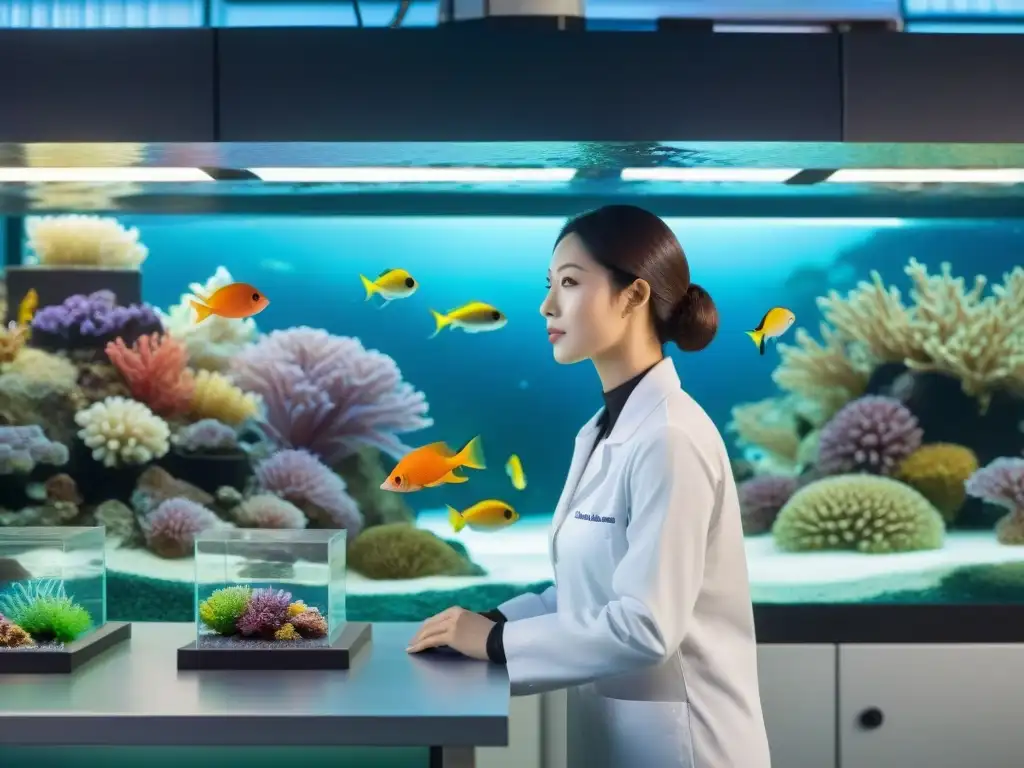 Un biólogo marino observa peces en un acuario, rodeado de equipo científico