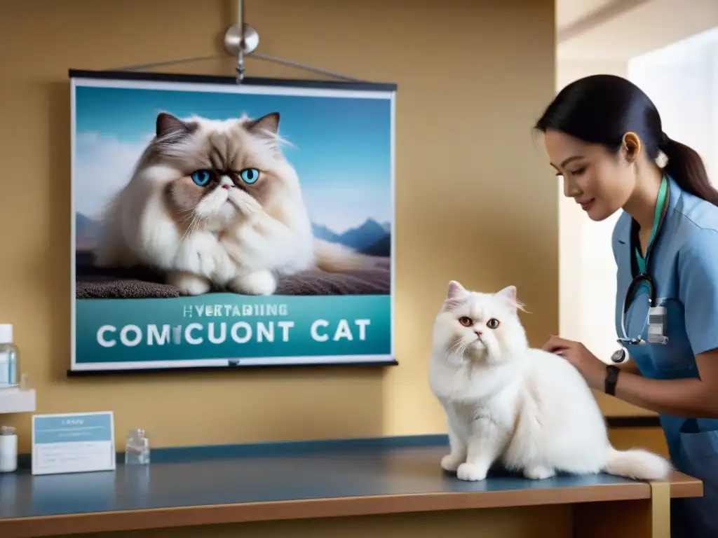 Exploración veterinaria detallada: amor y esperanza en la clínica Veterinario examina gato persa blanco con estetoscopio en moderna clínica, dueño preocupado
