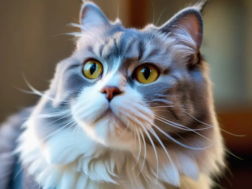 Whiskers de sabiduría: retrato detallado de un gato mayor Whiskers blancos y grises de un gato mayor en primer plano, transmitiendo sabiduría felina