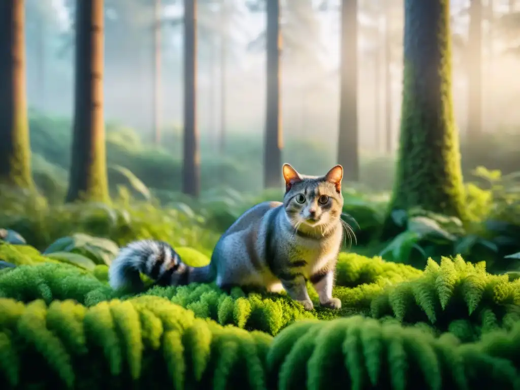 Bosque verde con alternativas sostenibles como arenas ecológicas para gatos, integrando armonía natural y mascotas