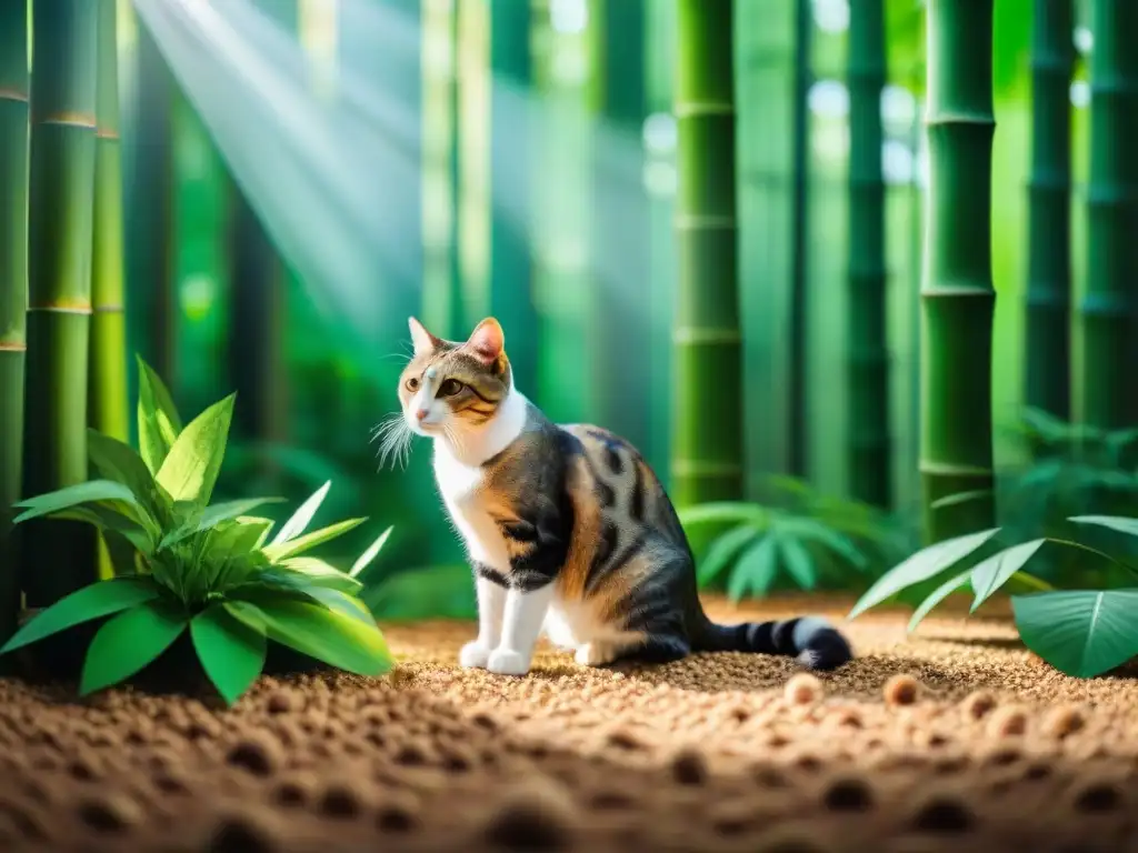 Un bosque verde exuberante con alternativas de arenas ecológicas para gatos, resaltando la armonía entre cuidado de mascotas y preservación ambiental