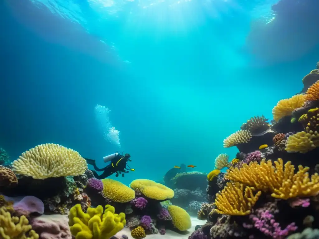 Limpiando coral: belleza y cuidado en acuario marino Un buzo limpia con cuidado un arrecife de coral en un acuario de agua salada, resaltando la importancia del mantenimiento