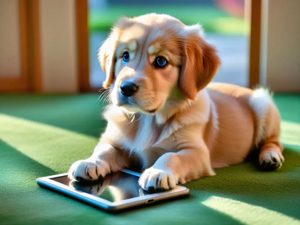 Niño aprendiendo con tablet y cachorro de golden retriever Niño y cachorro aprendiendo en app educativa: escena tierna y colorida