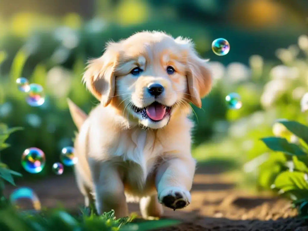 Cachorro de golden retriever jugando con burbujas en un jardín soleado Un cachorro de golden retriever juguetón persiguiendo burbujas de jabón en un jardín soleado