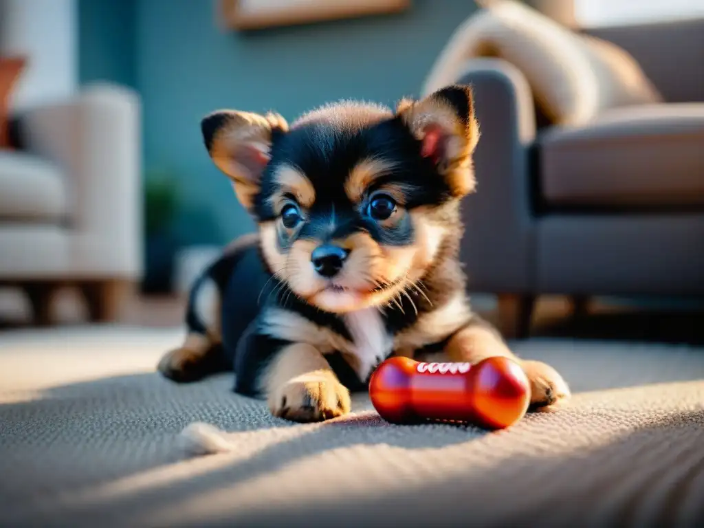 Cachorro feliz cuidando sus dientes con un juguete dental en casa Cachorro feliz mordiendo juguete dental en acogedor hogar, destacando cuidado dental mascota cachorro