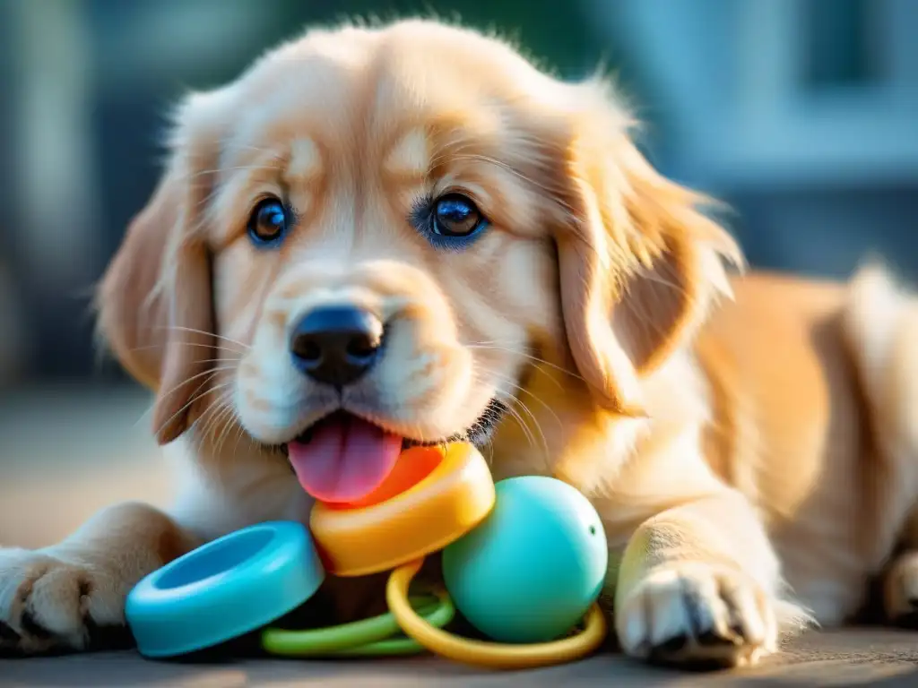 Cachorro de golden retriever feliz cuidando su dentadura Cachorro golden retriever disfrutando de un juguete dental, resaltando la importancia del cuidado dental en mascotas jóvenes