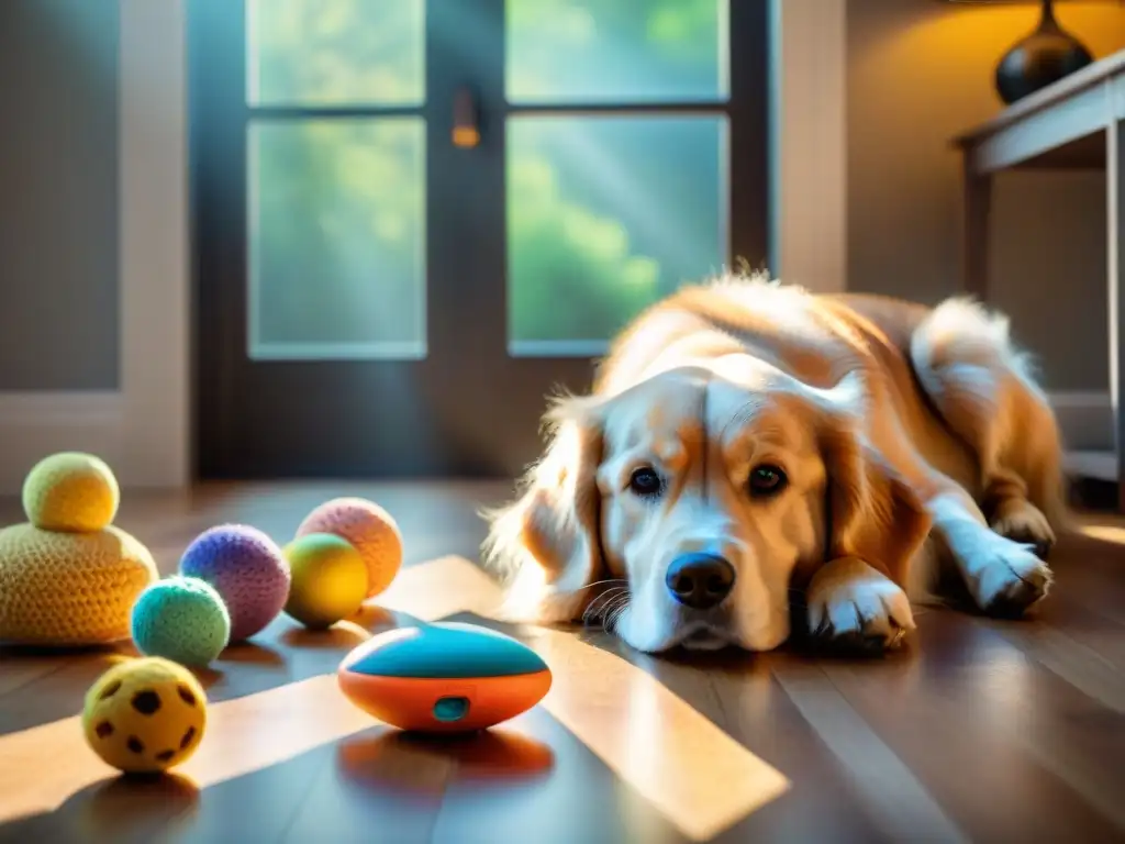 Juguetes interactivos para perros: diversión y colorido en acción Un cachorro de golden retriever jugando con juguetes para reducir agresividad mascota, rodeado de coloridos y usados juguetes en el suelo de madera