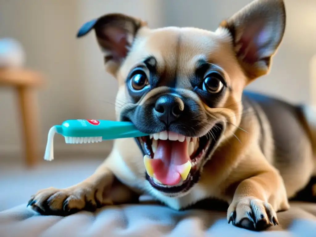 Sonrisa canina: cachorro feliz cuidando su dentadura con juguete dental Cachorro sonriente con dientes blancos, jugando con un juguete dental