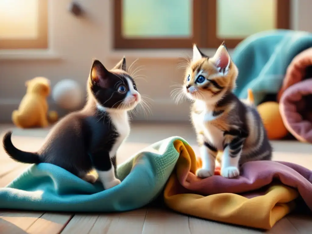 Encantadora interacción de cachorros y gatitos en ambiente acogedor Cachorros y gatitos jugando en un espacio luminoso y colorido, representando la socialización temprana