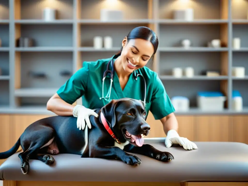 Conexión veterinaria: cariño y confianza Veterinario acaricia cariñosamente a un Labrador, creando un ambiente de consultas veterinarias sin estrés