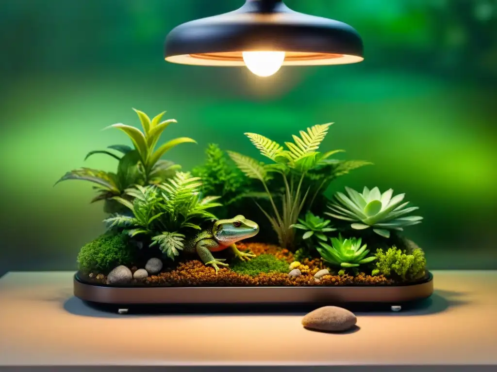 Escena cautivadora: lámpara de calor iluminando terrario exuberante Iluminación cautivadora en terrario de reptiles, reflejando bienestar en la exuberante vegetación