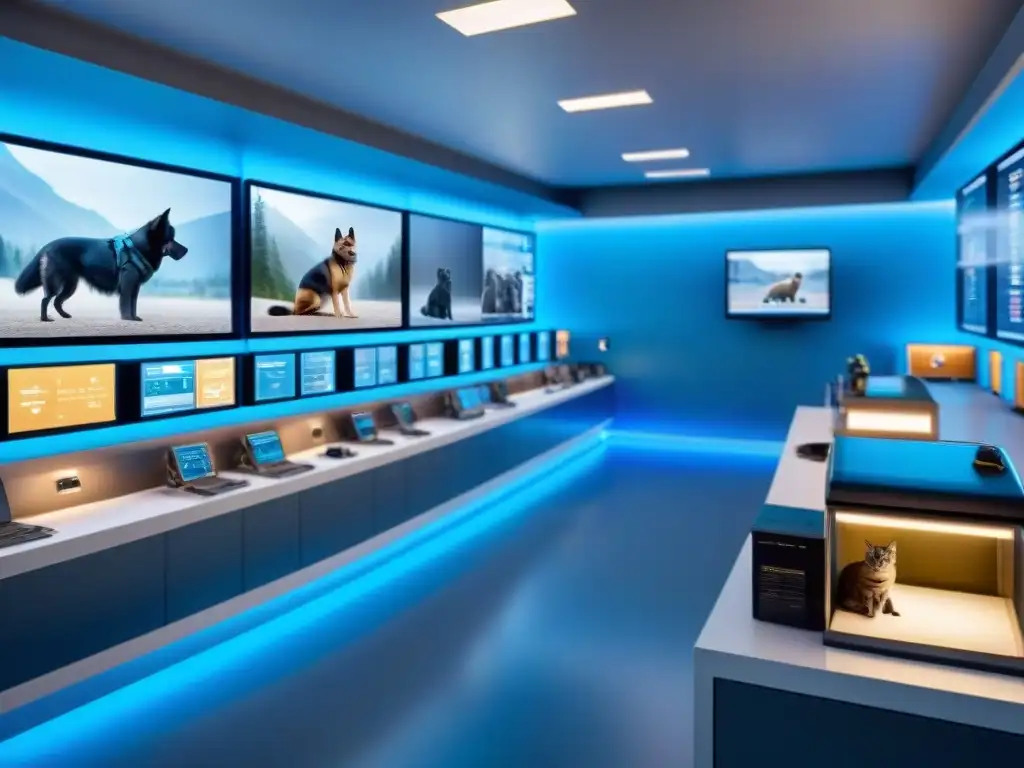 Entrenamiento avanzado de mascotas en centro futurista Un centro de entrenamiento futurista para mascotas con software de alta tecnología y luz azul suave