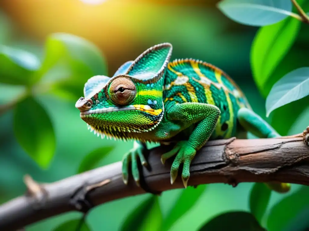 'Chamaleón verde en rama, detallado y cautivador, en su hábitat natural