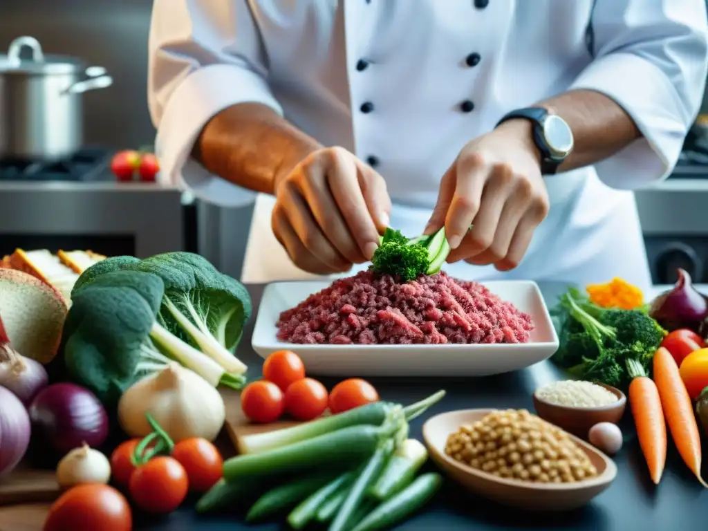 Chef preparando comida gourmet para perro con ingredientes premium Chef preparando alimentos gourmet para perros saludables con ingredientes frescos y de calidad en una cocina impecable