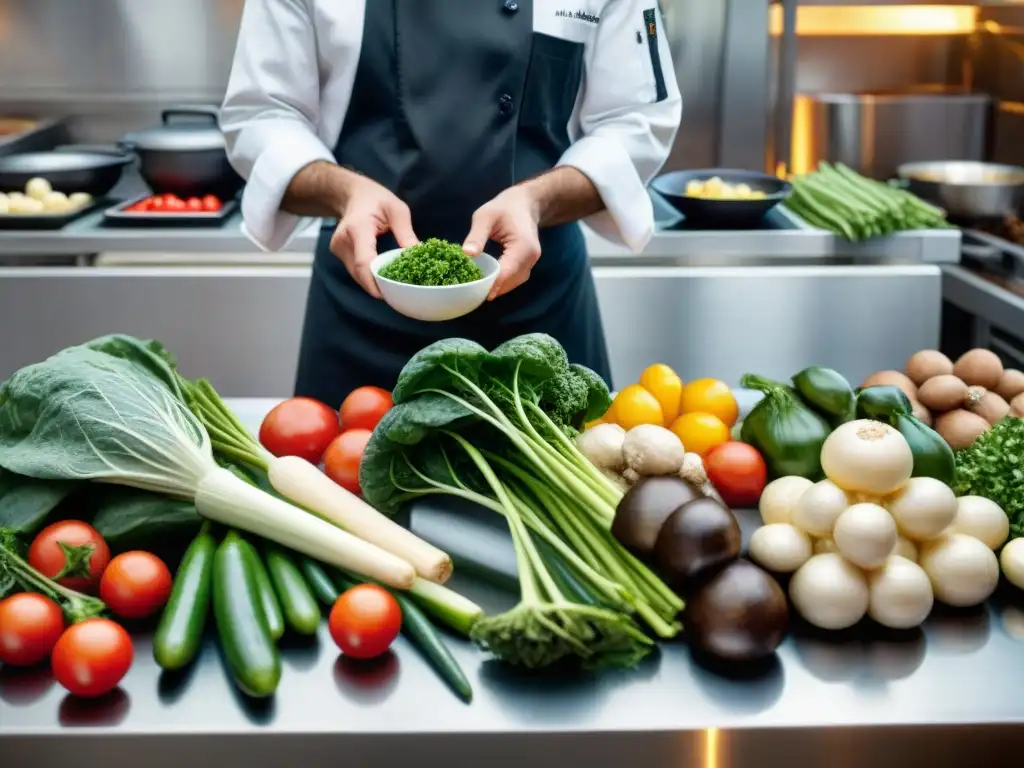 Chef canino seleccionando vegetales frescos en cocina gourmet Chef seleccionando alimentos gourmet para perros saludables en cocina gourmet