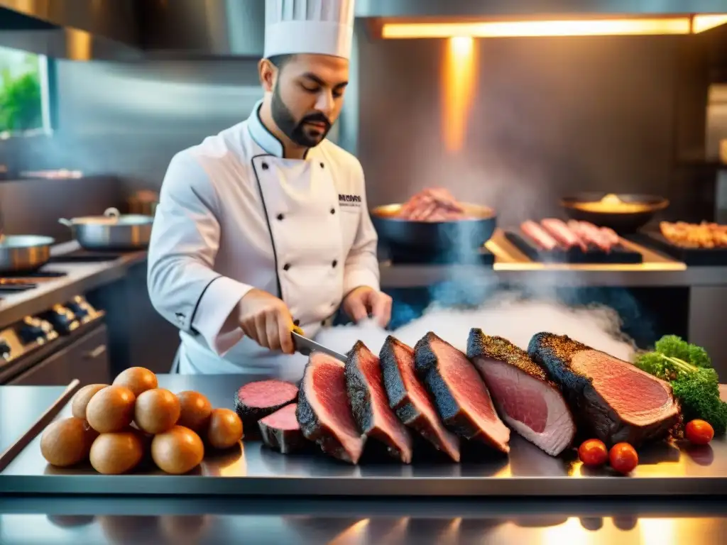 Chef experto prepara exótica comida para perros Un chef prepara carnes exóticas para perros, fusionando sabores en una escena culinaria llena de beneficios y alegría canina