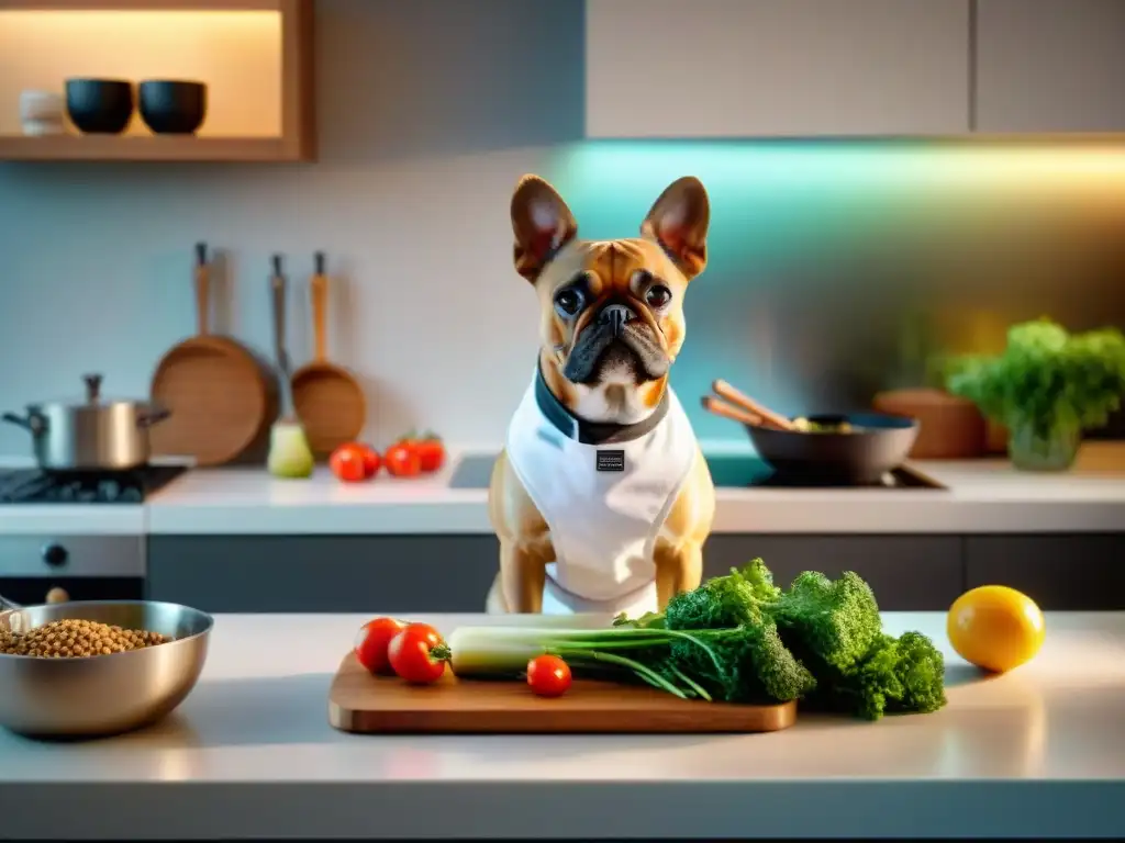Chef prepara comida personalizada para perro con detalle y cariño Un chef prepara con cuidado una comida personalizada para mascotas en una cocina moderna, rodeado de ingredientes frescos y organizados