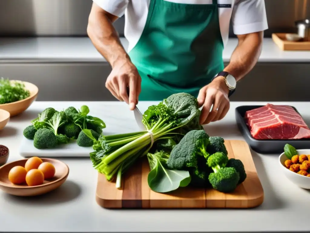 Innovadora cocina: ingredientes frescos y organizados por un chef experto Un chef prepara con cuidado ingredientes crudos para alimentos de gatos, enfocándose en la prevención de la contaminación