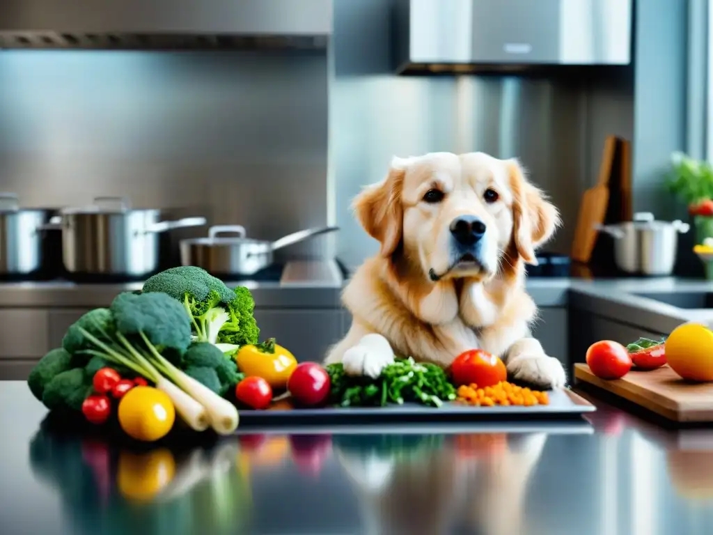 Chef preparando comida personalizada para un Golden Retriever feliz Un chef elabora con esmero una comida preparada personalizada para mascotas, creando una escena cálida y conmovedora en una cocina moderna y elegante