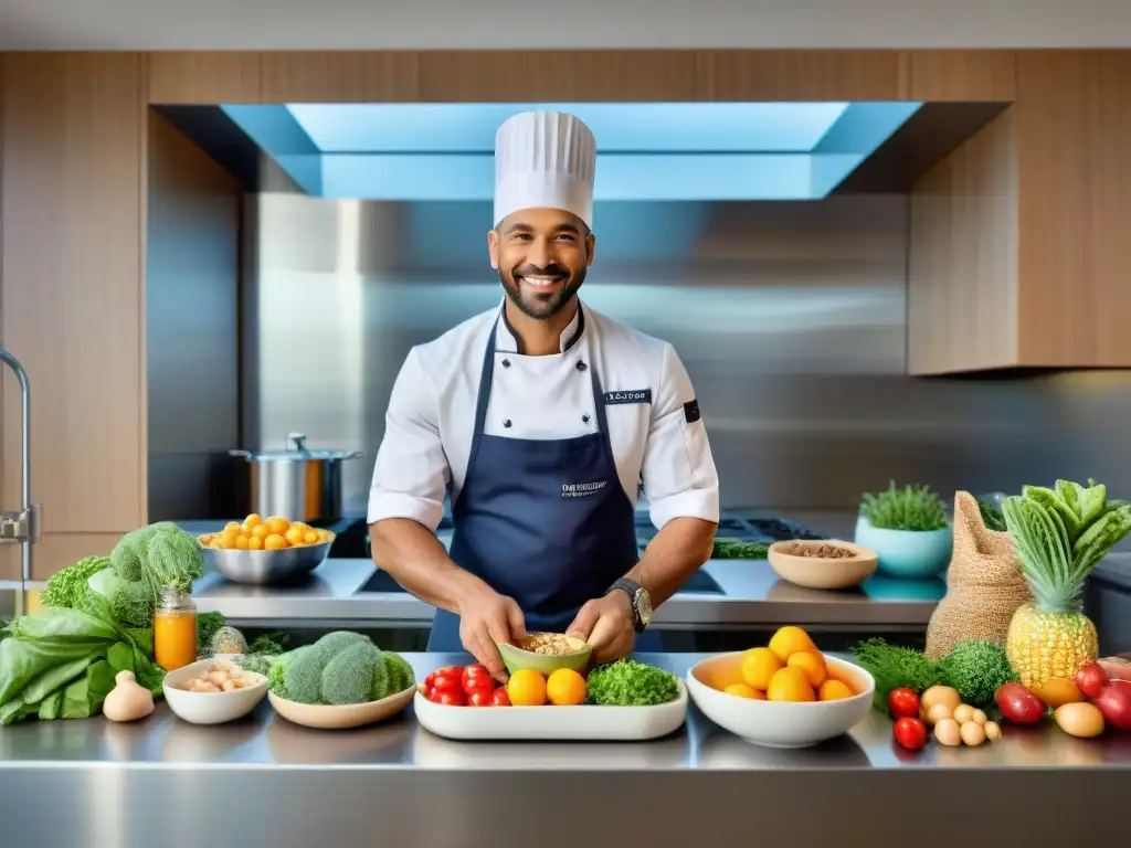 Chef especializado elaborando comidas personalizadas para mascotas Un chef profesional prepara comida personalizada para mascotas en una cocina impecable, con ingredientes frescos y coloridos