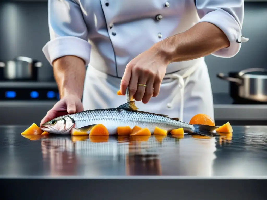 Chef experto cuidadosamente lava pescado crudo para gatos Un chef profesional lava con cuidado pescado crudo en una cocina moderna para la prevención contaminación alimentos crudos gatos
