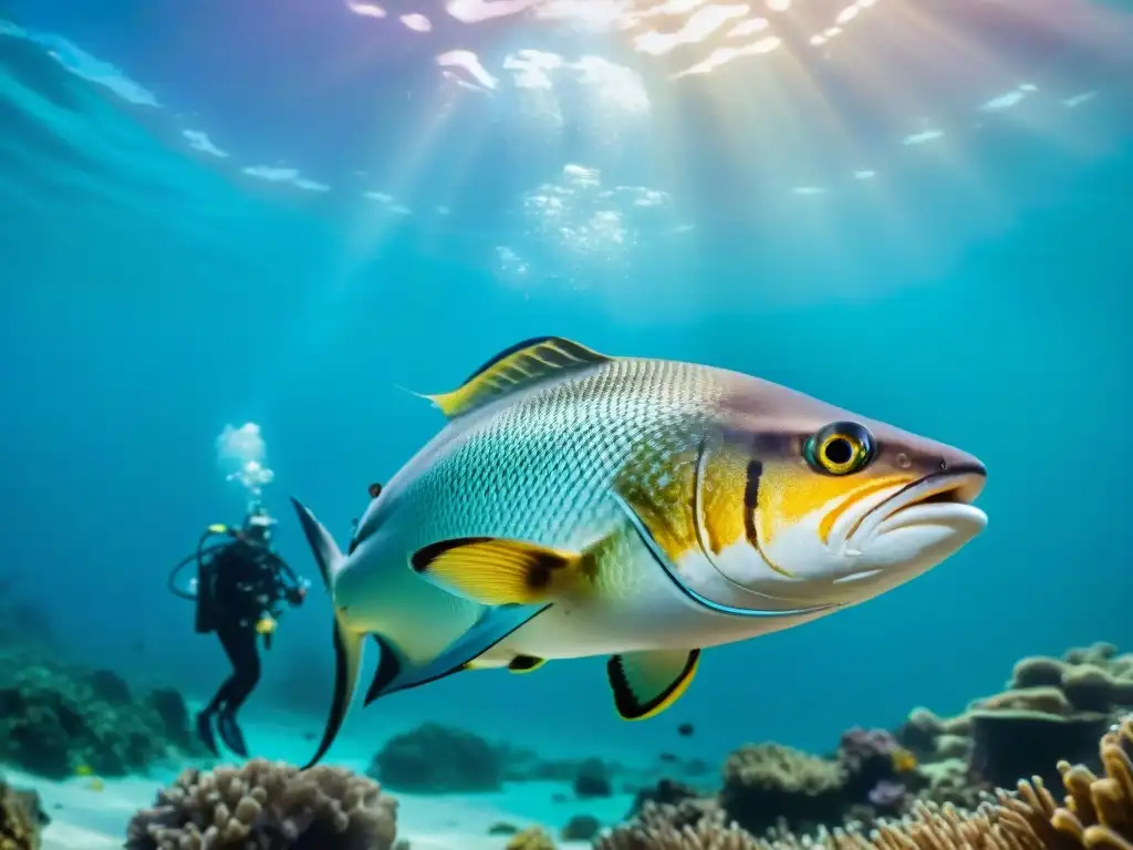 Dispositivo submarino para peces: tecnología futurista en acción Un científico coloca con cuidado un dispositivo de tecnología para bienestar peces en un hermoso pez de colores vibrantes en un laboratorio submarino