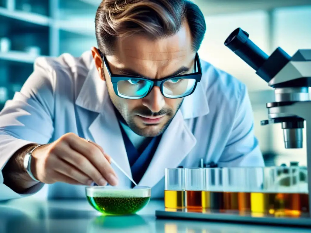 Análisis detallado de ingredientes hidrolizados en laboratorio Un científico analiza con cuidado un plato de Petri con ingredientes hidrolizados bajo el microscopio en un laboratorio brillante