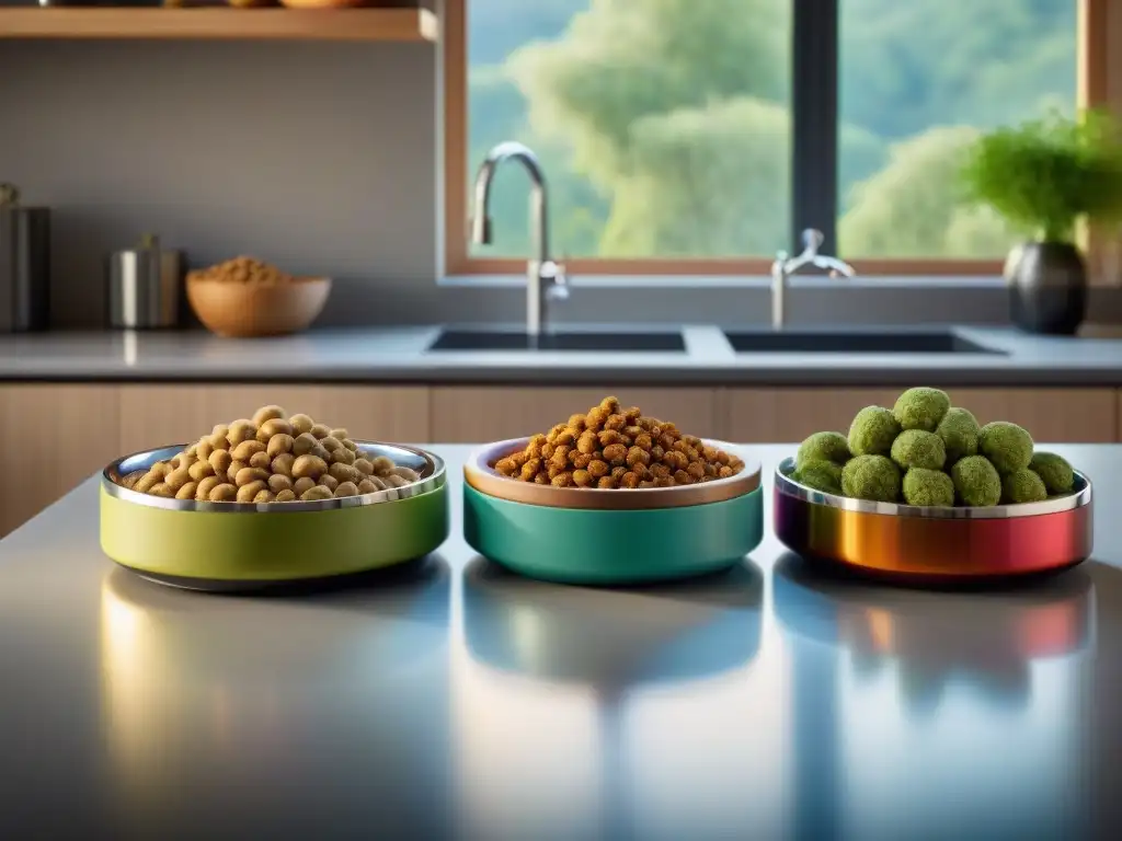 Una cocina moderna con elegantes tazones de comida para mascotas rebosantes de alimentos saludables y vibrantes