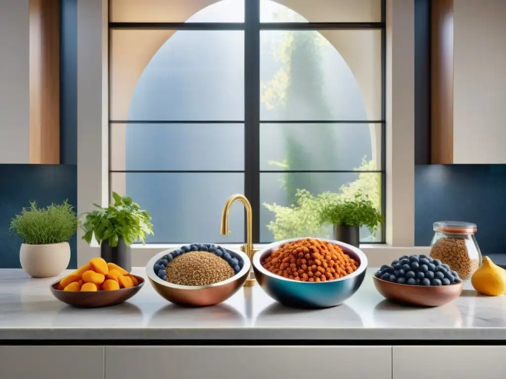 Una cocina moderna llena de alimentos gourmet para perros, elegantemente dispuestos en un mostrador de mármol
