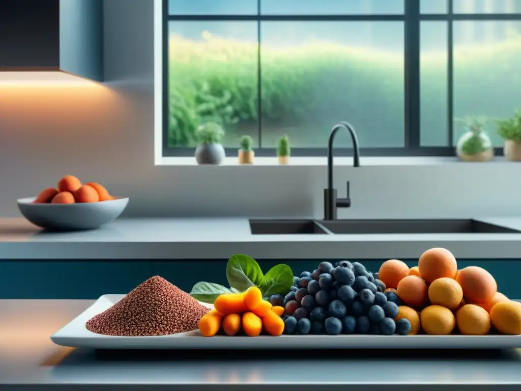 Superfoods para perros: cocina moderna y saludable Una cocina moderna rebosante de superalimentos para perros: arándanos, espinacas, salmón, batatas y semillas de chía