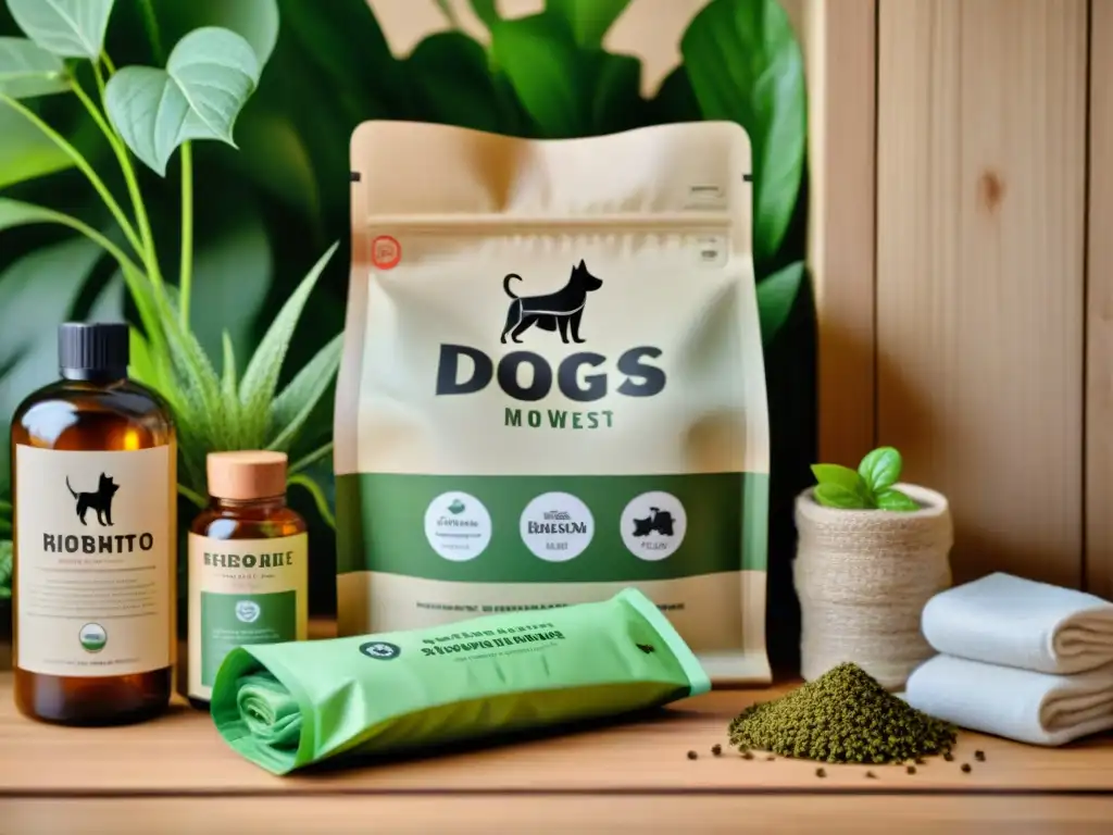 Una colección de productos ecofriendly para mascotas en una mesa de madera, rodeados de vegetación