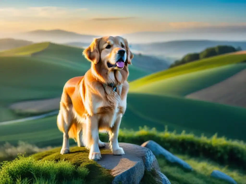 Perro golden retriever en colina, paisaje sereno