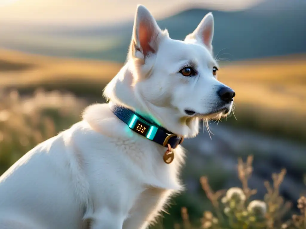 Collar inteligente para mascotas con GPS y monitor de actividad Collar inteligente para mascotas con GPS y monitor de actividad en un perro blanco al atardecer