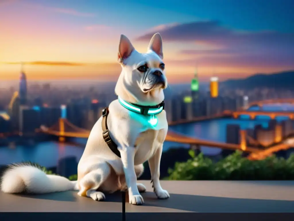 Collar LED para mascotas: fusión de estilo y tecnología Collar para mascotas con estilo iluminado por luces LED en la ciudad al anochecer