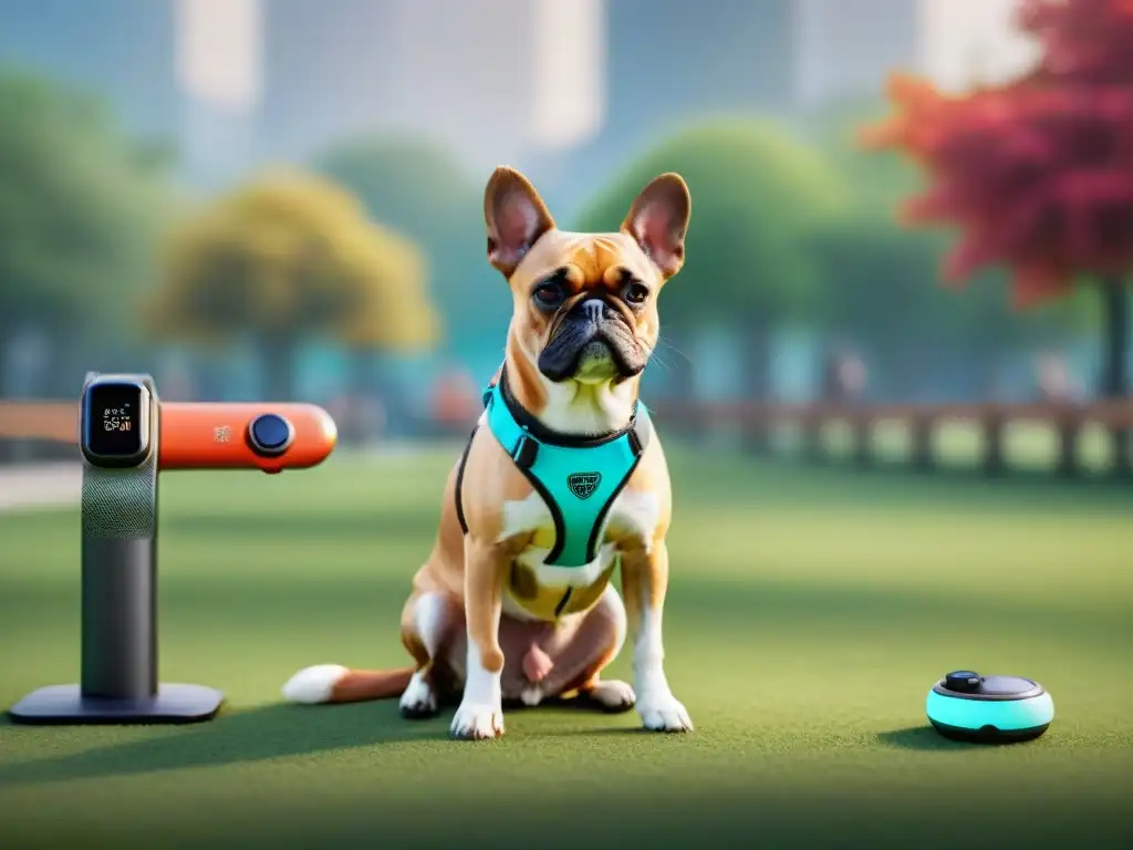 Accesorios tecnológicos para mascotas: diseño y funcionalidad Comparativa de wearables para mascotas en un entorno vibrante y amigable, con dispositivos coloridos y detallados en exhibición