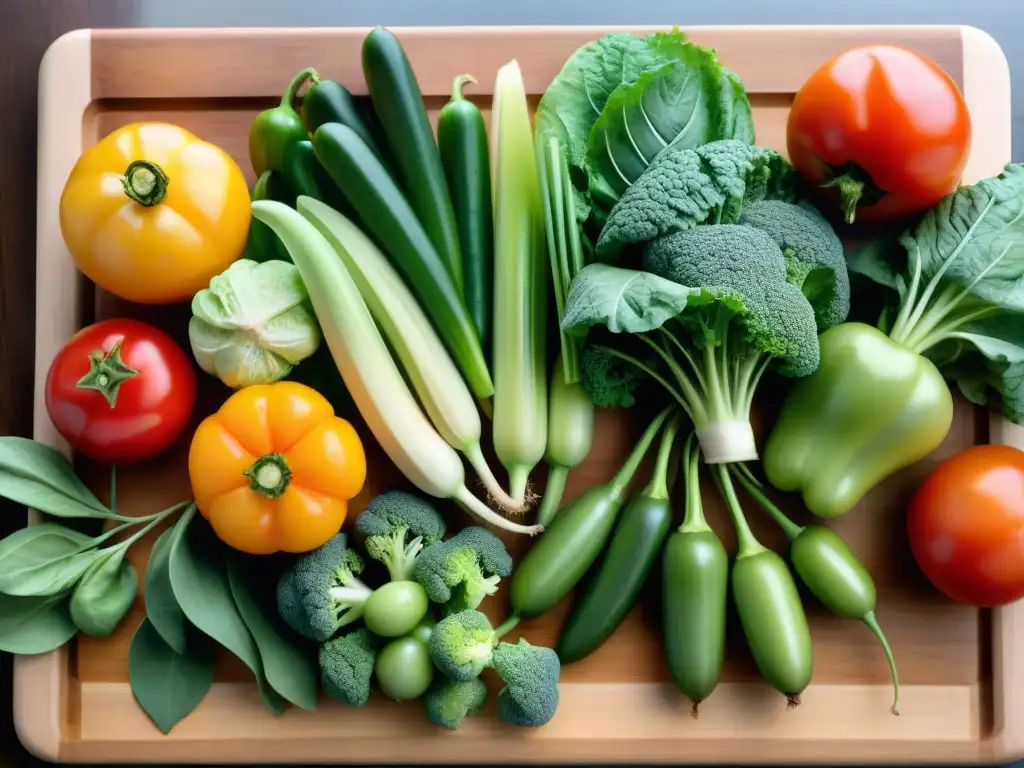 Exquisita variedad de frutas y verduras frescas en tabla de madera Una composición detallada de frutas y verduras frescas en tabla de madera