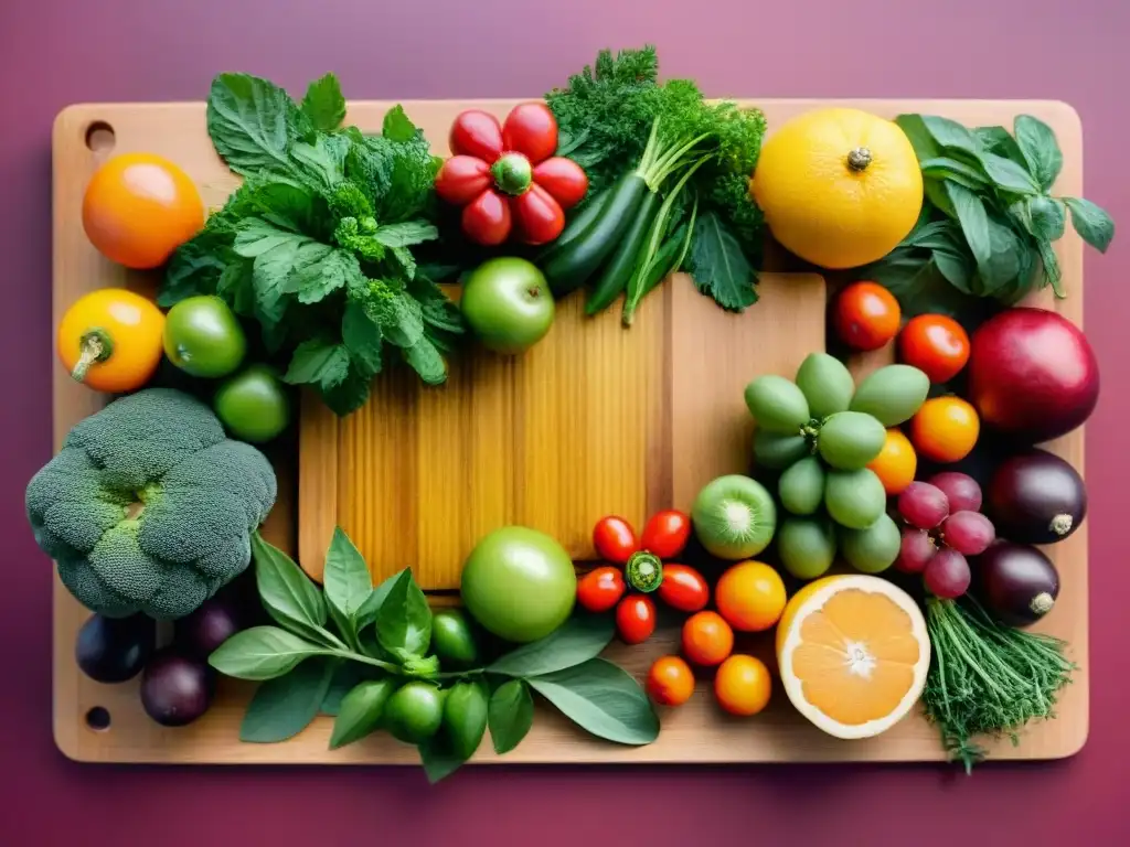 Delicioso bodegón de frutas y vegetales frescos para mascotas Una composición vibrante de frutas y verduras frescas sobre tabla de madera, rodeada de hierbas y especias coloridas