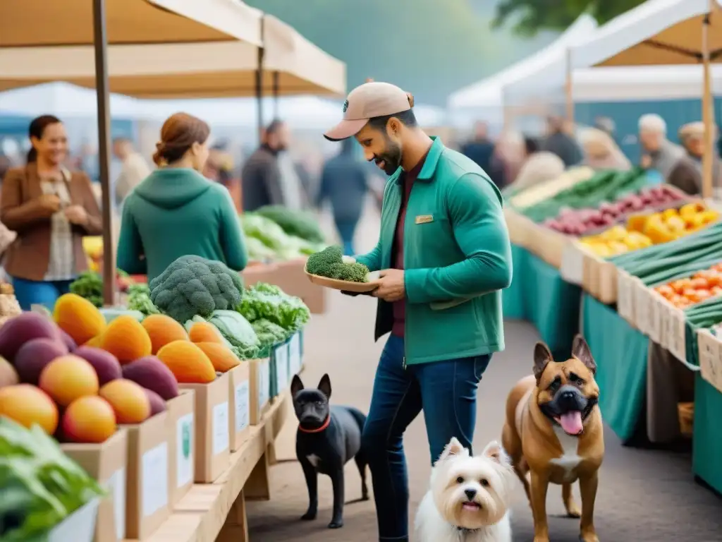 Comunidad comprometida seleccionando alimentos responsables para mascotas sostenibles en el mercado